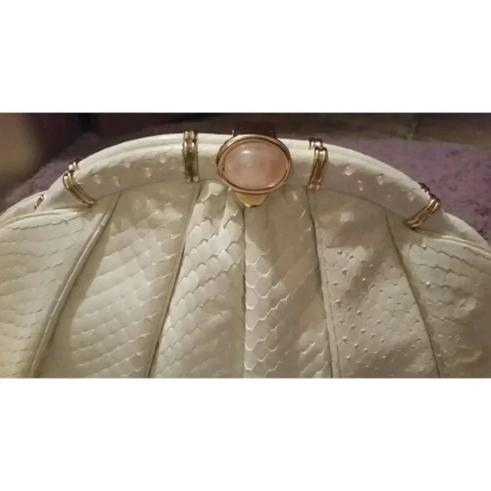 VTG Judith Leiber Snakeskin White Handbag with Pink Agate Grannycore Orig Box